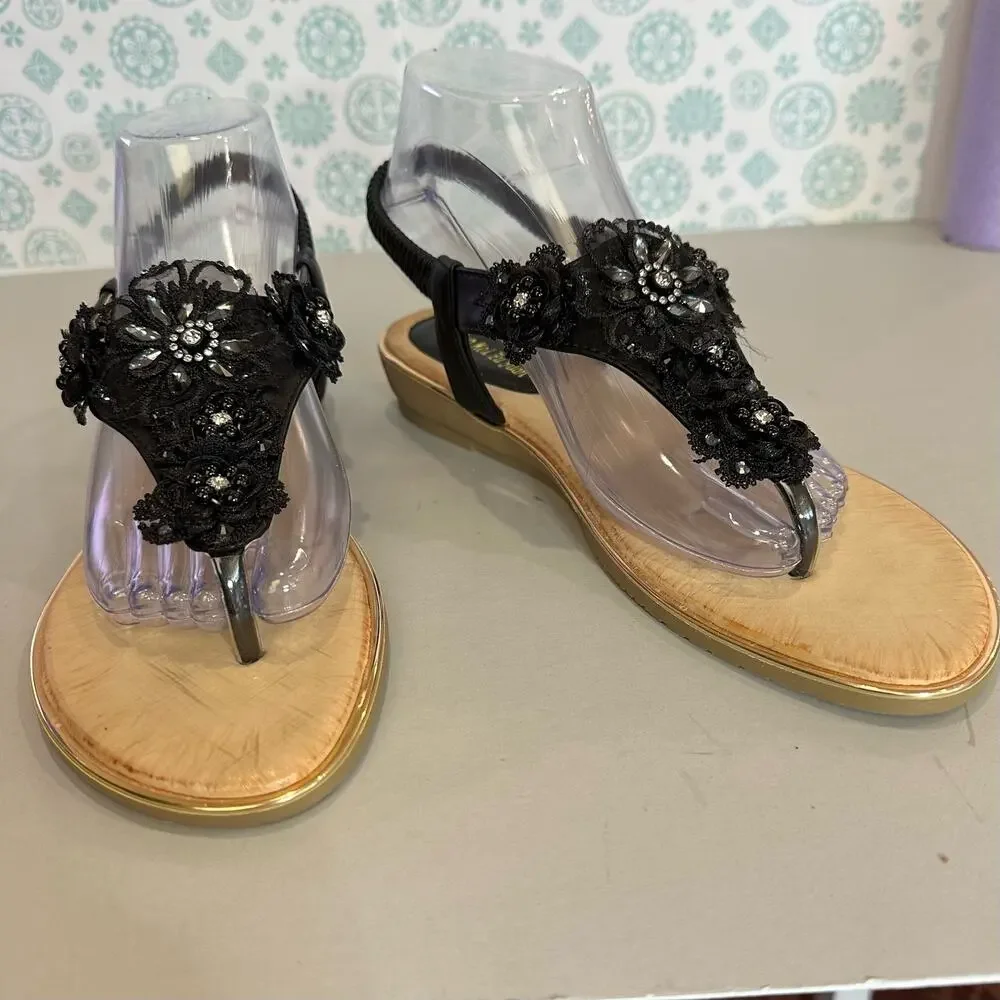 Duo Mei Zu Yuan Womens‎ 10 Thong Slingback Sandals Black Tan Rhinestones Floral - Picture 4 of 12